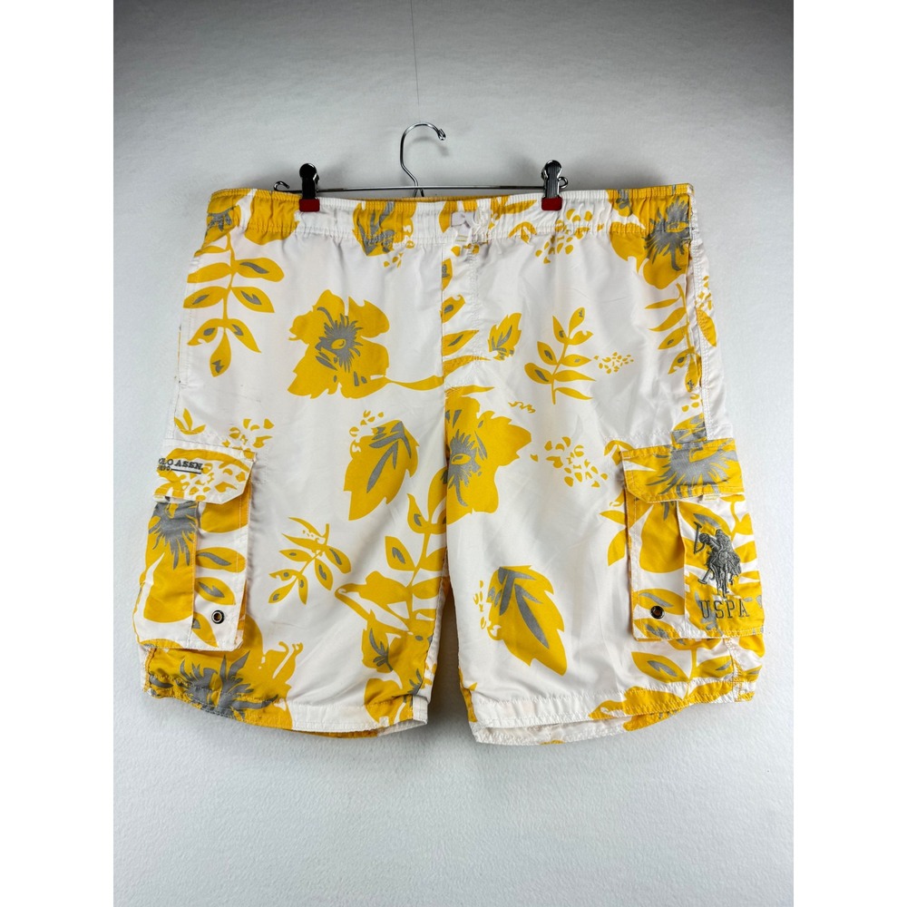 US Polo Assn Mens XL Swim Trunks Yellow White Floral Cargo Board Shorts USPA